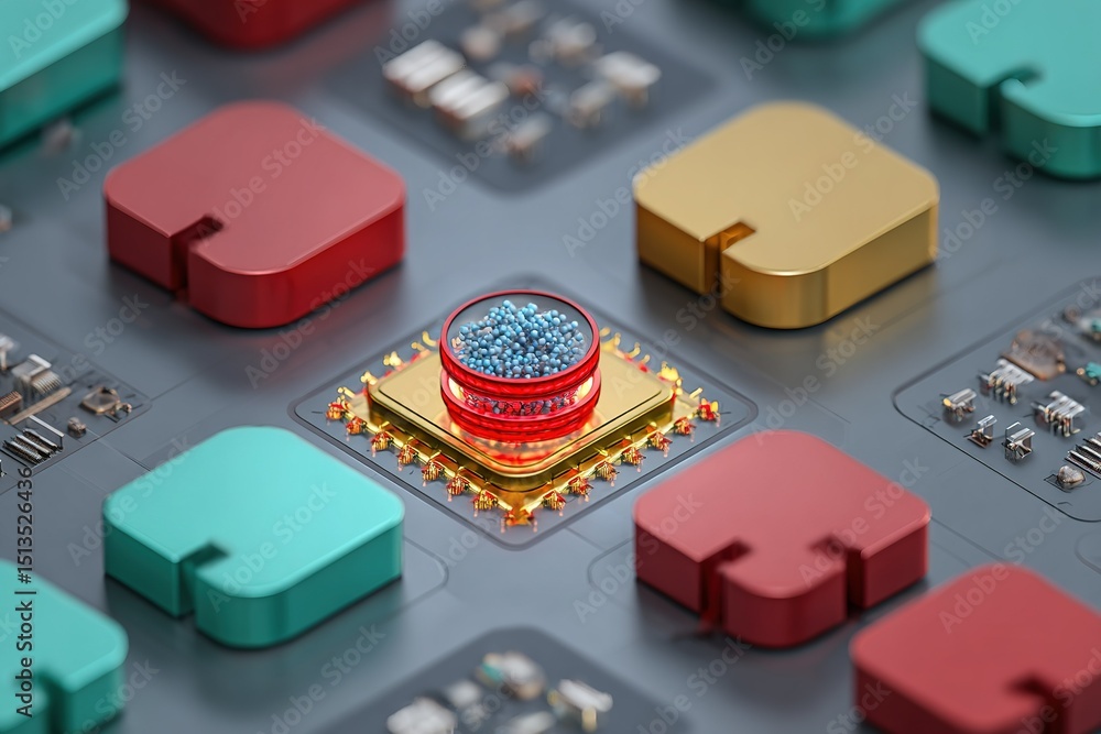Poster intricate close-up of a computer chip design showcasing vibrant colors and complex patterns at a tec