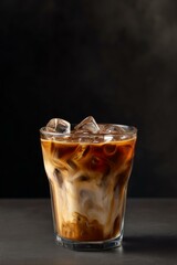 Iced Coffee Beverage With Milk and Ice Cubes Refreshing Cold Drink On Dark Surface Simple Background