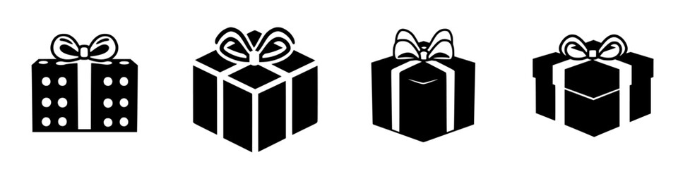 Variety of black vector gift icons designed for celebrations, events, and special occasions