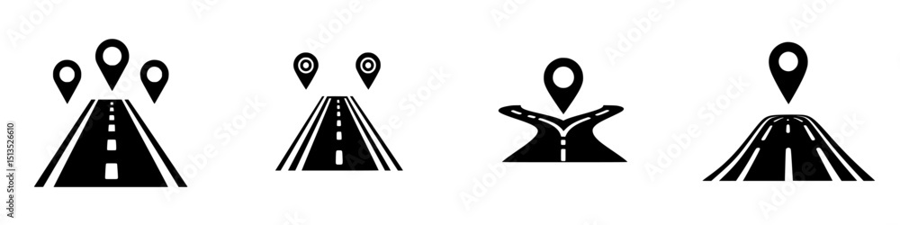 Poster vector icons illustrating different road navigation concepts and location markers, emphasizing route