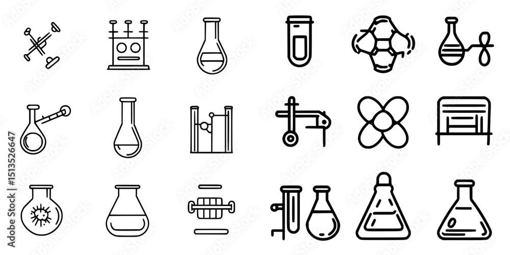 Poster black vector icons representing various scientific lab equipment and experiments in a simple and cle