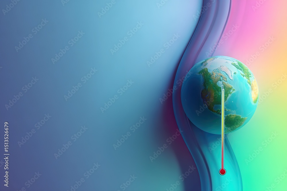 Poster vibrant globe illustration with temperature indicator against a colorful abstract background