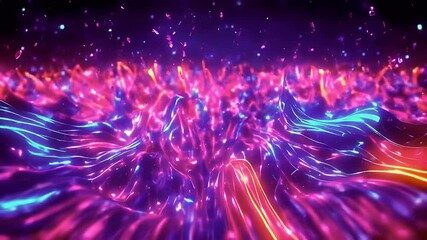 Abstract Neon Landscape with Floating Confetti, Glowing Pink and Blue Waves - Powered by Adobe