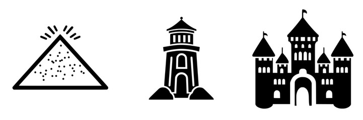 Symbols representing mountains, towers, and castles in a black vector design for creative projects