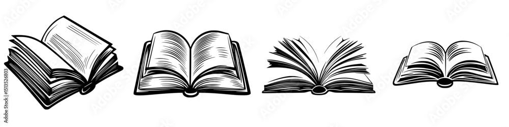 Aufkleber black vector icons depicting various open book designs showcasing different angles and styles