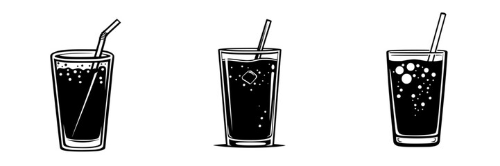 Black vector icon set showcasing three different glass designs with beverages and straws for creative projects