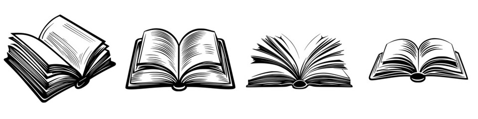 Black vector icons depicting various open book designs showcasing different angles and styles
