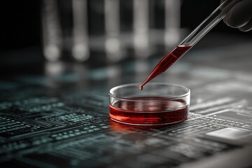 Laboratory technician conducting experiments with red liquid in petri dish on circuit board background
