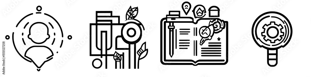 Poster vector icons representing community connection, data organization, knowledge sharing, and search fun