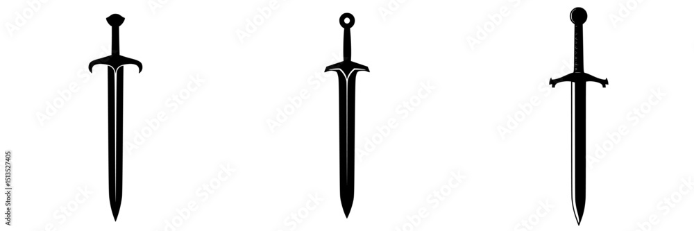 Poster black vector icon of three sword designs representing various styles and periods in a simplistic for