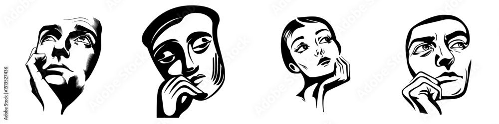 Poster exploring human emotions through abstract black vector icons depicting thoughtful expressions in var