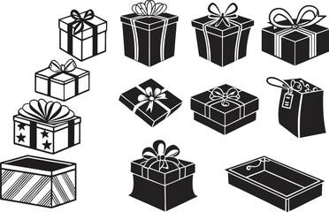 gift box icon set on a simple black silhouette color , Set of Gift Boxes Silhouette, Birthday, Christmas, Anniversary flat collection