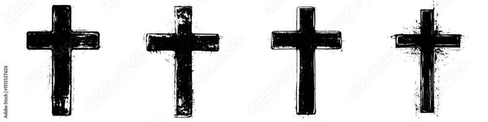 Poster black vector crosses set with varying textures for religious and symbolic design elements