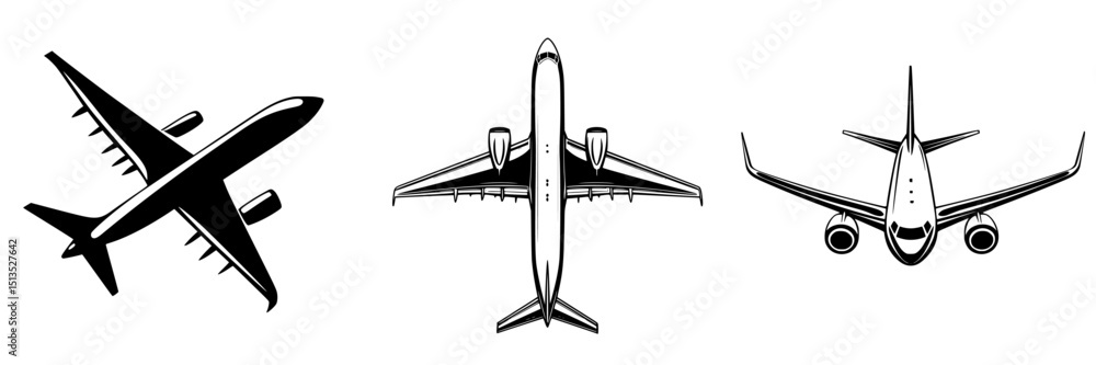 Poster vector icon set depicting three different airplane designs from a top-down perspective showcasing va