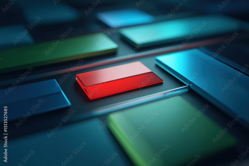 Poster bold red block stands out among colorful rectangular shapes on a dark background