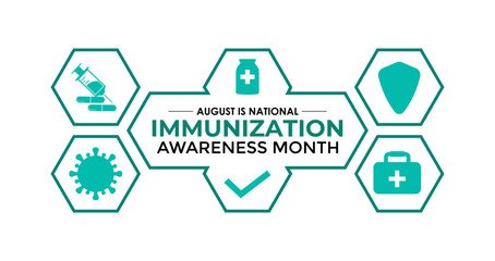 August Is National Immunization Awareness Month Protect Your Health with Vaccination. Medical concept. Stethoscope, Shield, syringe, heart, medicine, virus. Banner poster, flyer and background design.