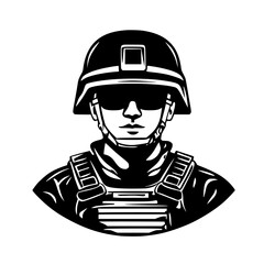 A strong black vector icon representing a soldier wearing a helmet and sunglasses