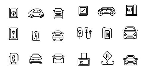 Vector icons depicting various automotive services and activities in a concise layout suitable for digital applications