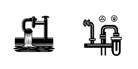 Stylized black vector icons depicting water faucet and piping system symbols for plumbing applications