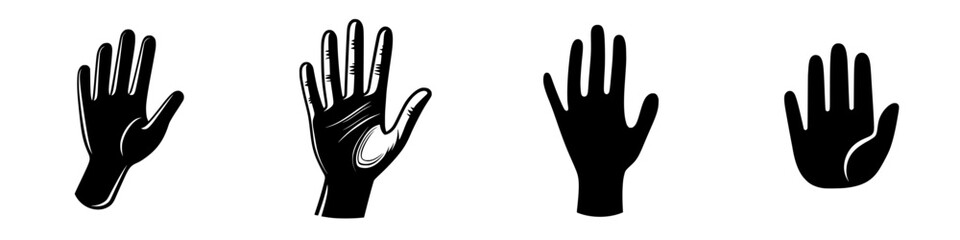 Black vector icons of hands in various orientations showing gestures and positions common in communication and signaling