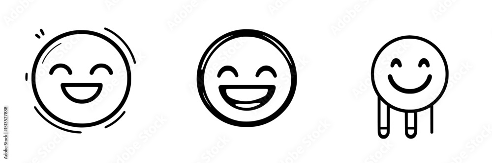Poster collection of three black vector icons depicting smiling faces in different styles conveying happine