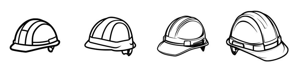 Various styles of construction helmets represented in black vector icons suitable for safety graphics and illustrations