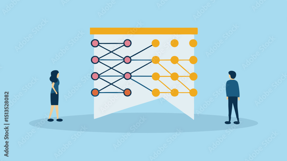 Poster people contemplate a visual network abstract connections data flow analysis system diagram informati