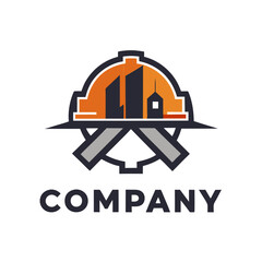 Construction themed logo depicting city skyline inside gear
