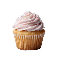A delicious cupcake topped with fluffy pink frosting and sprinkled with edible decorations, perfect for any celebration.