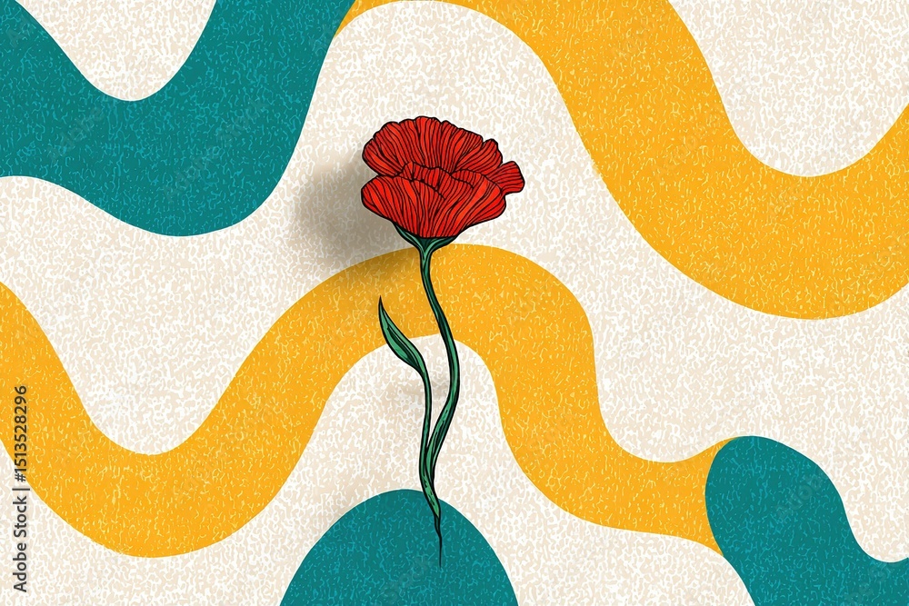 Poster red flower stands out against colorful abstract background with curved shapes and waves creating an 