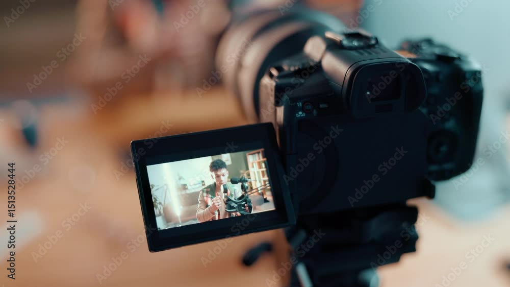 Poster Man, video camera and screen with online tutorial for content creation or streaming tips at home. Male person, gamer or influencer with live recording, display or vr goggles for gaming vlog or review