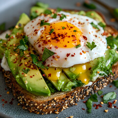 A Crunchy Avocado Toast with Poached Eggs and Chili