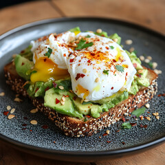A Crunchy Avocado Toast with Poached Eggs and Chili