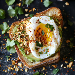 A Crunchy Avocado Toast with Poached Eggs and Chili