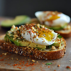 A Crunchy Avocado Toast with Poached Eggs and Chili