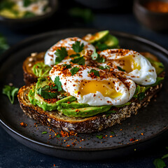 A Crunchy Avocado Toast with Poached Eggs and Chili