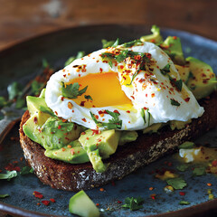 A Crunchy Avocado Toast with Poached Eggs and Chili