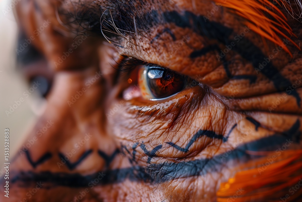 Poster intense close-up of a face with tribal markings, showing an eye filled with reflection and determina