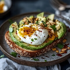 A Crunchy Avocado Toast with Poached Eggs and Chili