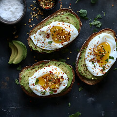 A Crunchy Avocado Toast with Poached Eggs and Chili