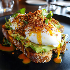 A Crunchy Avocado Toast with Poached Eggs and Chili