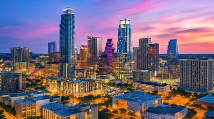 Obraz premium Austin, Texas, skyline at dusk, highlighting the city's modern architecture