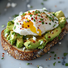 A Crunchy Avocado Toast with Poached Eggs and Chili