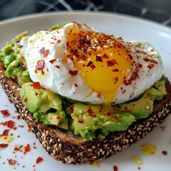 A Crunchy Avocado Toast with Poached Eggs and Chili