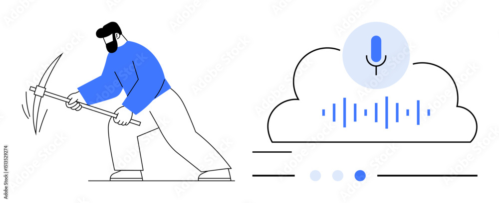 Poster worker mining with pickaxe beside cloud icon featuring microphone and audio wave. ideal for automati