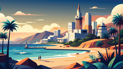 landscape city sea illustration Adobe Illustrator Artwork