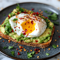 A Crunchy Avocado Toast with Poached Eggs and Chili