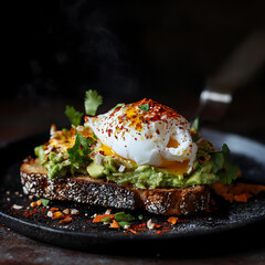 A Crunchy Avocado Toast with Poached Eggs and Chili