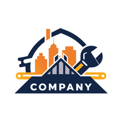 Obraz premium Construction and repair services logo featuring buildings and tools