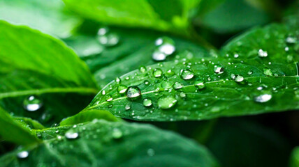 Fototapeta premium Raindrops on bright green leaves, Green Leaves with Dew and Raindrops, Close-Up of Lush